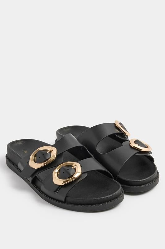  Yours Black Brushed Buckle Mules In Extra Wide EEE Fit