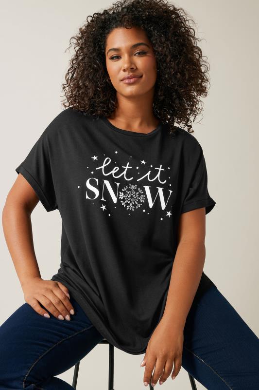 EVANS Plus Size Black 'Let It Snow' Slogan T-Shirt | Evans 2