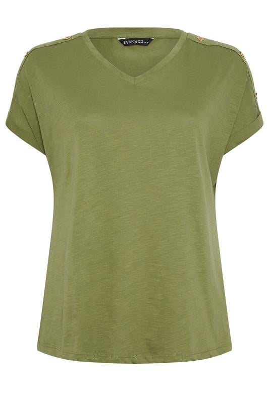 EVANS Plus Size Khaki Green Button Shoulder T-Shirt | Evans 5