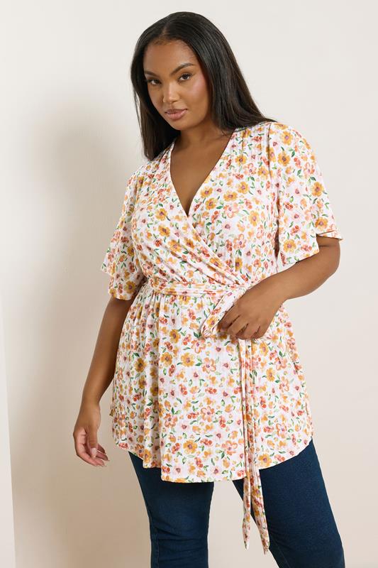 Plus Size  YOURS Curve Orange Floral Print Ribbed Wrap Top