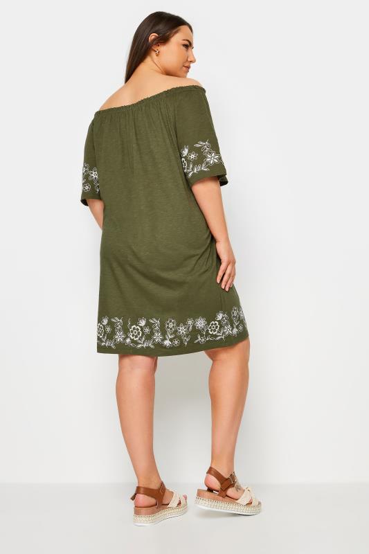 YOURS Plus Size Khaki Green Embroidered Bardot Midi Dress | Yours Clothing 4