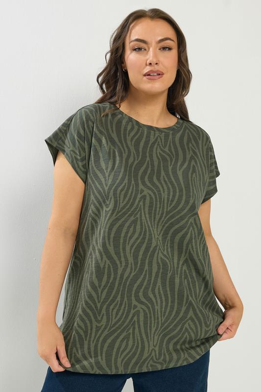  YOURS Curve Khaki Green Zebra Print Grown-On Sleeve T-Shirt