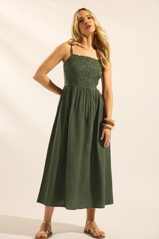  LTS Tall Olive Green Linen Embroidered Midi Dress