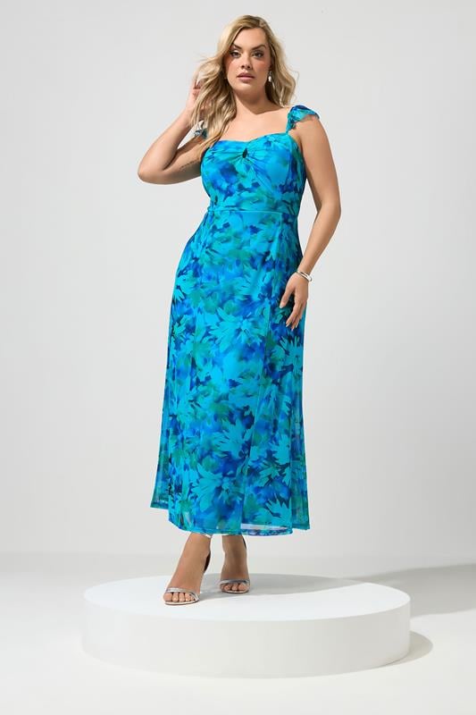  YOURS Curve Blue Abstract Keyhole Ruffle Dress