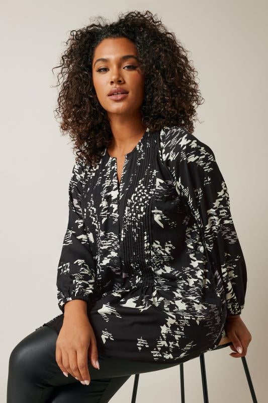 Plus Size  EVANS Curve Black Dogtooth Print Pintuck Blouse