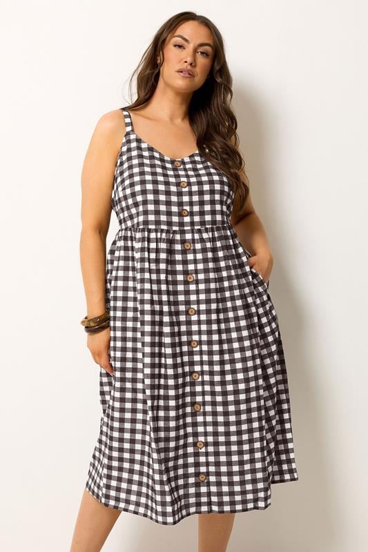 YOURS Curve Chocolate Brown Gingham Linen Dress