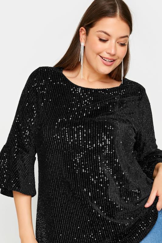 YOURS Plus Size Black Sequin Embellished Velvet Top | Yours Clothing 5