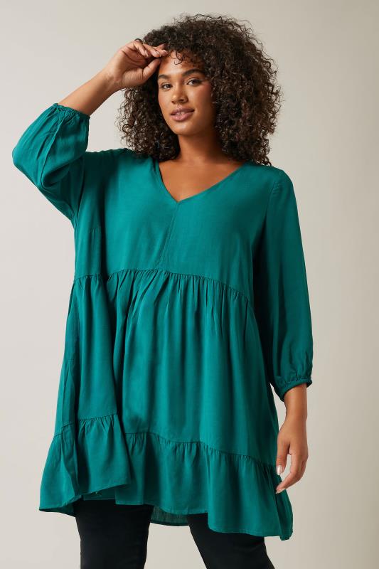 Evans Jade Green Tiered Frill Hem Tunic Top 1