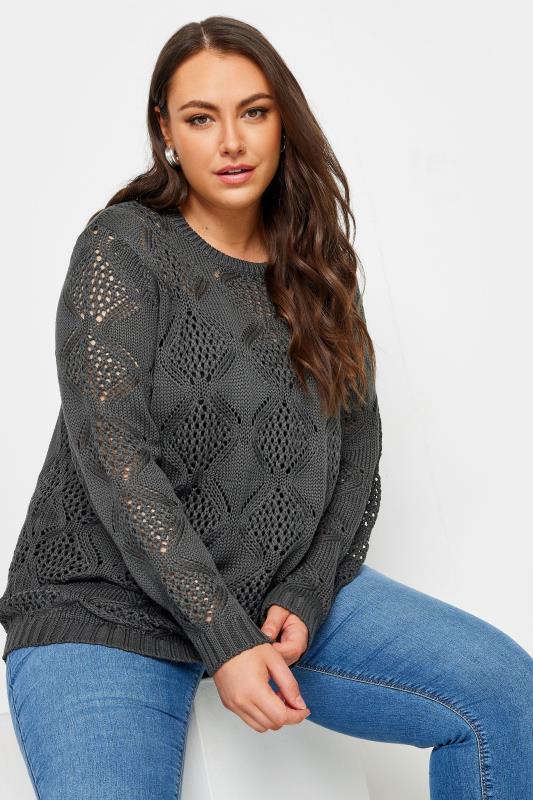 YOURS Plus Size Grey Pointelle Stitch Jumper | Yours Clothing 1