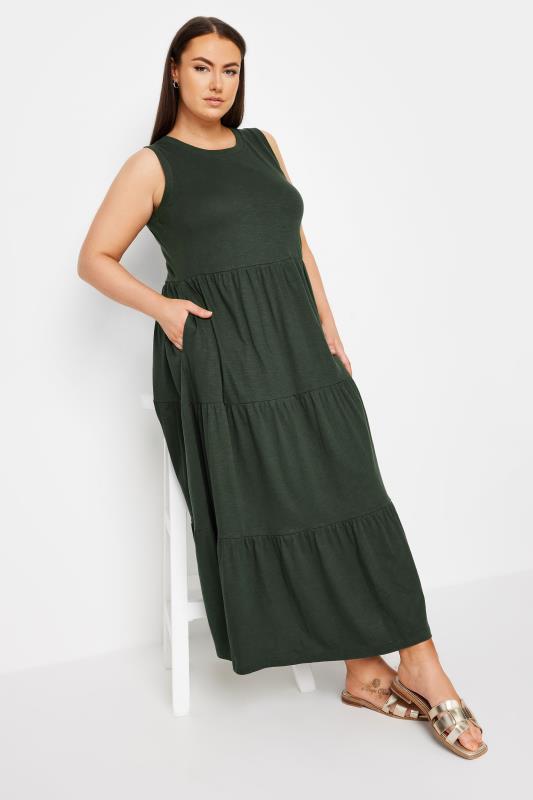 YOURS Plus Size Khaki Green Tiered Midaxi Dress | Yours Clothing 2