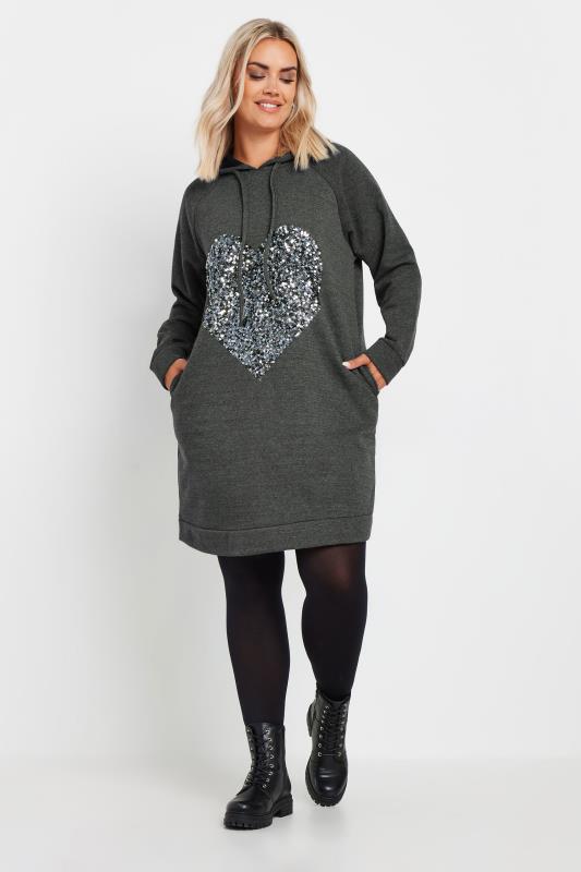 YOURS Plus Size Charcoal Grey Sequin Embellished Heart Hoodie Dress | Yours Clothing  2