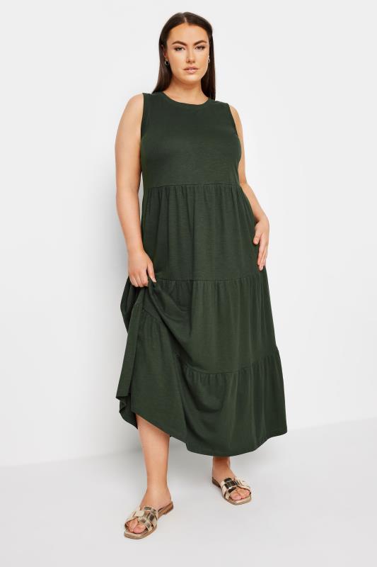 YOURS Plus Size Khaki Green Tiered Midaxi Dress | Yours Clothing 1