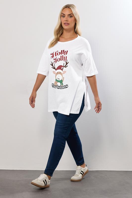 YOURS Plus Size White 'Holly Jolly' Glitter Novelty Christmas Top | Yours Clothing 1