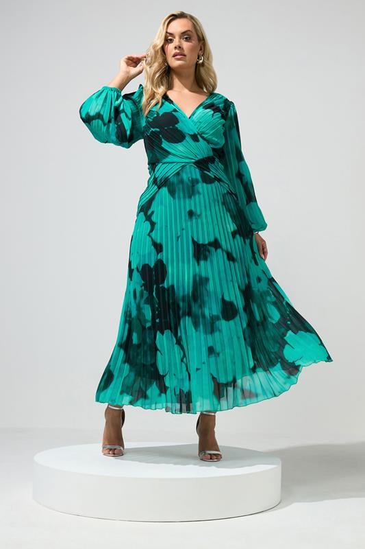  YOURS LONDON Curve Teal Green Abstract Pleated Dress