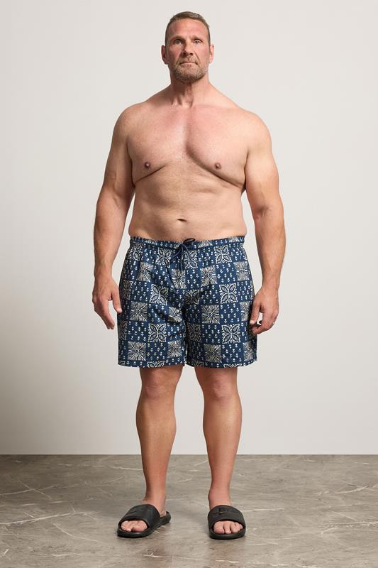JACK & JONES Big & Tall Navy Blue Print Swim Shorts | BadRhino 2