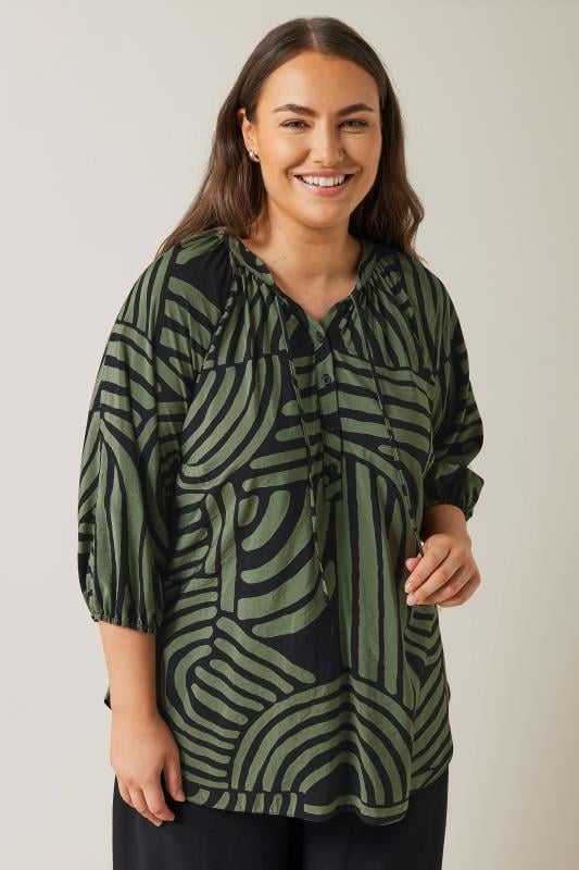 EVANS Plus Size Khaki Green Abstract Print Tie Neck Blouse | Evans 2