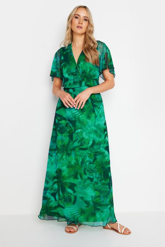 LTS Tall Green Palm Print Mesh Wrap Maxi Dress | Long Tall Sally 1