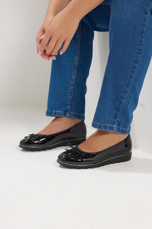 Black Patent Ballet Pumps In Wide E Fit | Yours Clothing 1