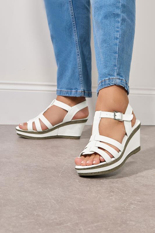 Plus Size  Yours White Faux Leather T-Bar Wedge Sandals In Wide E Fit & Extra Wide EEE Fit