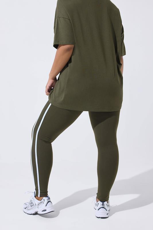 YOURS ACTIVE Plus Size Khaki Green Side Stripe Leggings | Yours Clothing 4