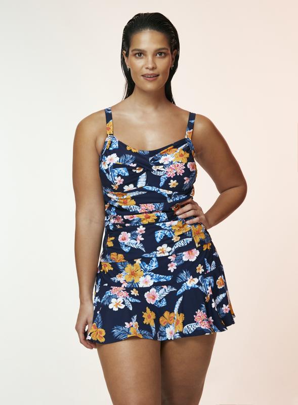 Ruched Tropical Print Navy Tankini 2