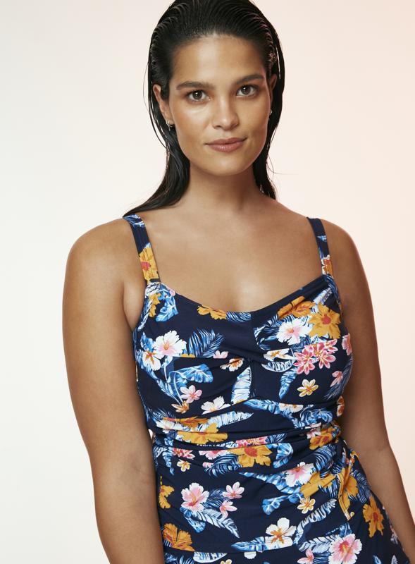 Ruched Tropical Print Navy Tankini 4