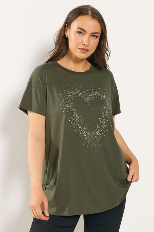  YOURS Curve Khaki Green Studded Heart T-Shirt