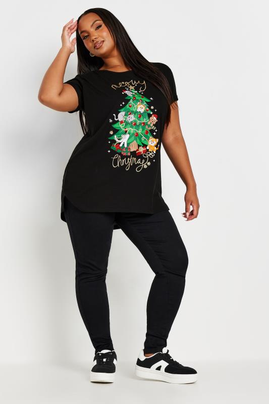 YOURS Plus Size Black 'Meowy Christmas' Slogan T-Shirt | Yours Clothing  3