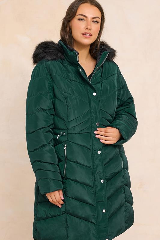 Plus Size  EVANS Curve Green Faux Fur Trim Padded Parka Coat
