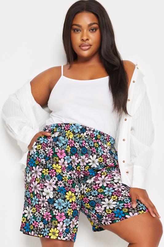 YOURS Plus Size Black Ditsy Floral Print Woven Shorts | Yours Clothing 1