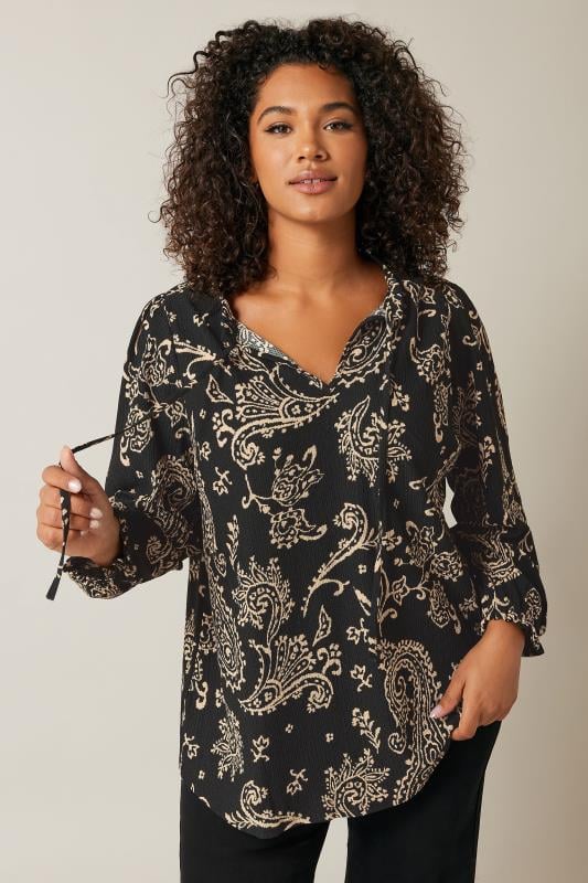 Plus Size  EVANS Curve Black Paisley Print Crepe Tie Neck Blouse