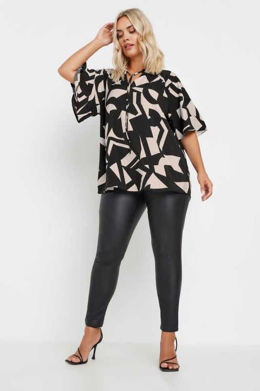 YOURS Plus Size Black Abstract Print Tie Neck Blouse | Yours Clothing  2