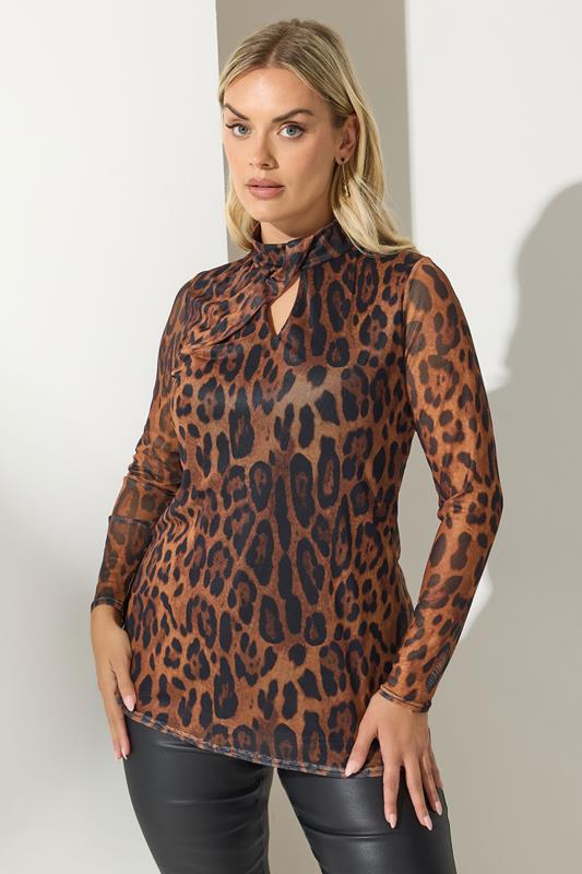 YOURS LONDON Plus Size Brown Leopard Twist Neck Mesh Top | Yours Clothing 1