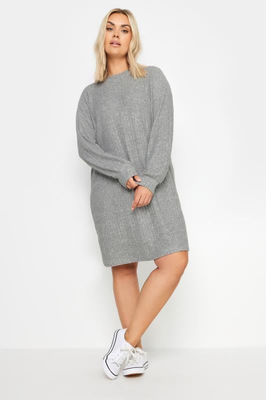 YOURS Plus Size Light Grey Soft Touch Ribbed Jumper Dress | Yours Clothing 1