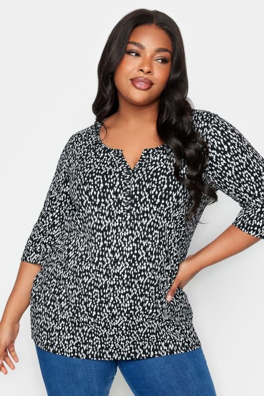 YOURS Plus Size Black Animal Markings Print Henley T-Shirt | Yours Clothing 1