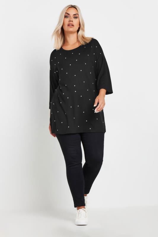 YOURS Plus Size Black Star Embellished Swing Top | Yours Clothing 3