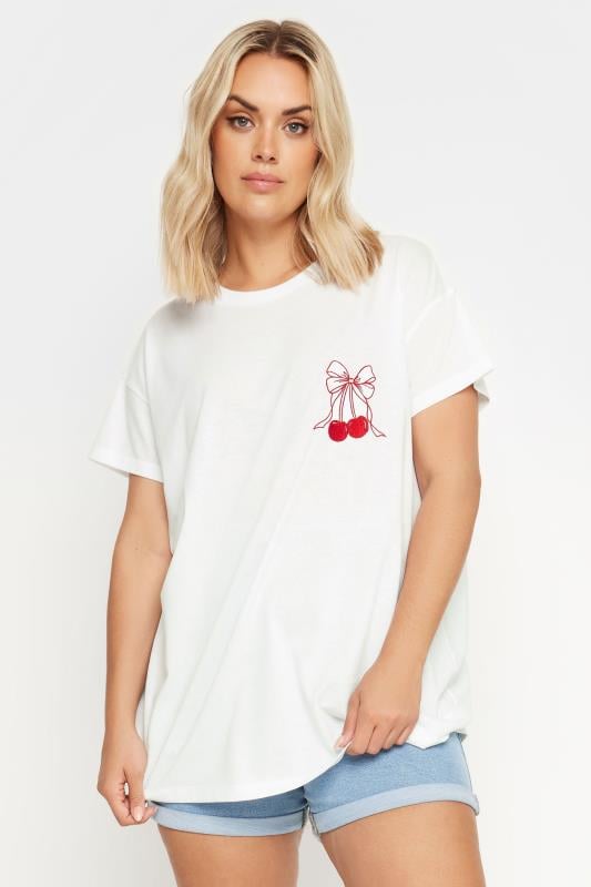 YOURS Plus Size White Embroidered Cherry T-Shirt | Yours Clothing  3