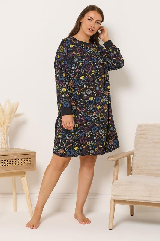 YOURS Plus Size Black Celestial Long Sleeve Nightdress | Yours Clothing 1