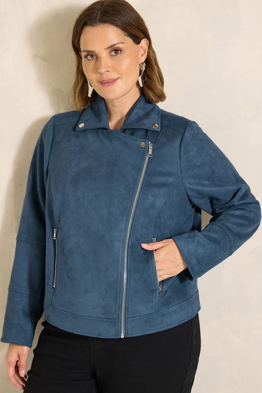  EVANS Curve Navy Blue Suedette Biker Jacket
