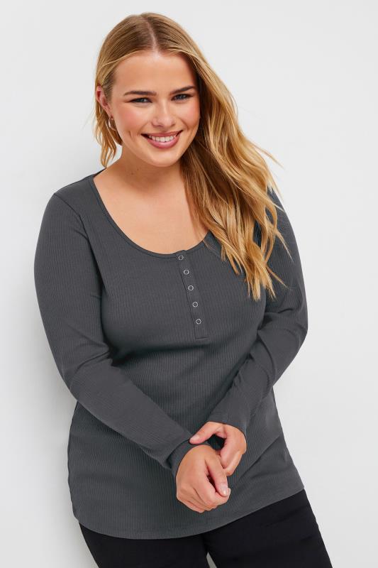 YOURS Plus Size Charcoal Grey Ribbed Popper Fastening Top | Yours Clothing 1