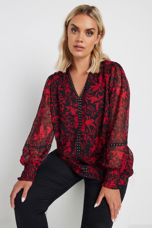 YOURS Curve Red Floral Print Stud Blouse | Yours Clothing 1