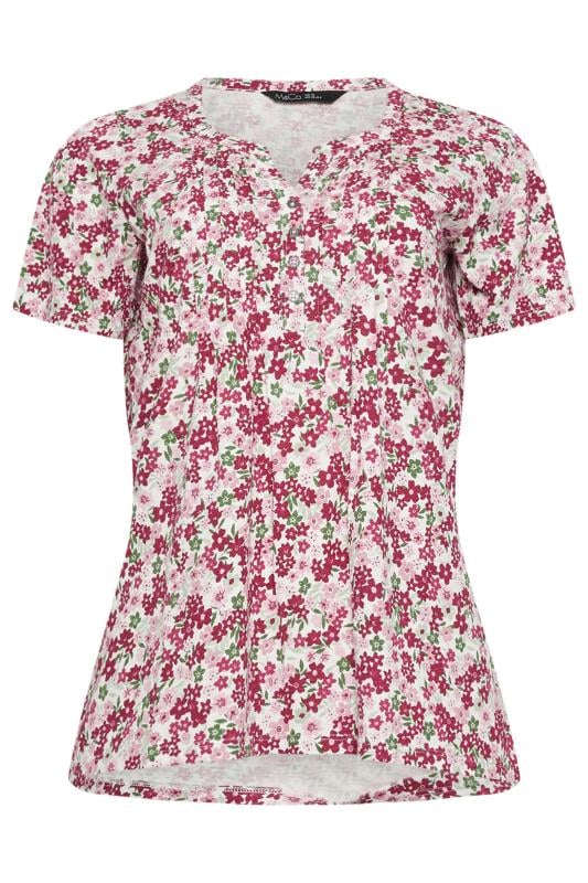 M&Co Pink Floral Print Cotton Short Sleeve Henley Top | M&Co 6