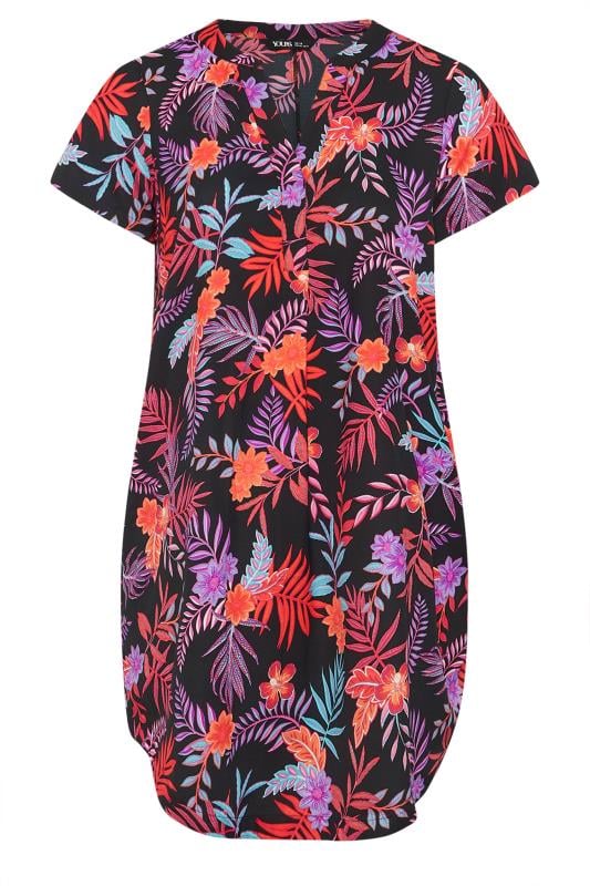 YOURS Plus Size Black Tropical Print Pleat Front Tunic Dress | Yours Clothing 2