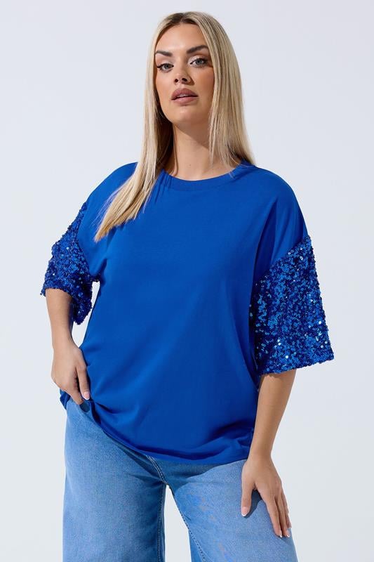  LIMITED COLLECTION Curve Cobalt Blue Sequin Sleeve T-Shirt