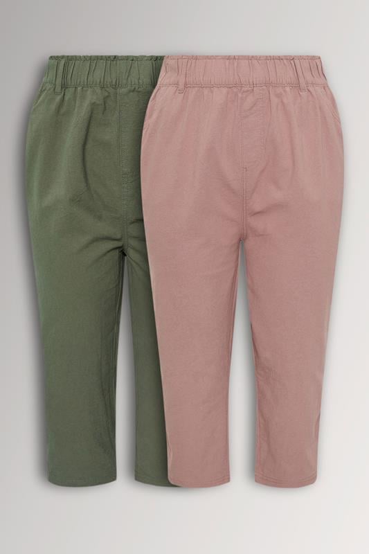 YOURS 2 PACK Plus Size Olive Green & Pink Cool Cotton Cropped Trousers | Yours Clothing 1