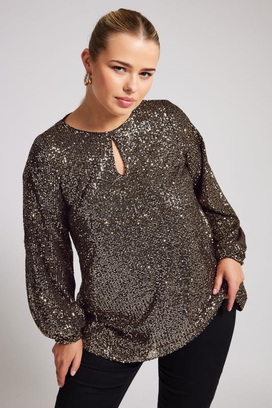 YOURS LONDON Plus Size Gold Sequin Keyhole Top | Yours Clothing 2