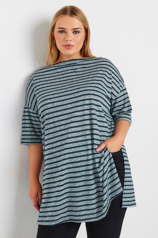 YOURS Plus Size Blue Stripe Oversized Linen T-Shirt | Yours Clothing 2