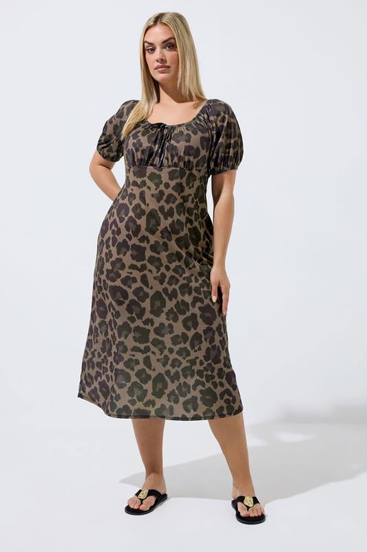 LIMITED COLLECTION Plus Size Brown Leopard Tie Neck Dress  | Yours Clothing 1