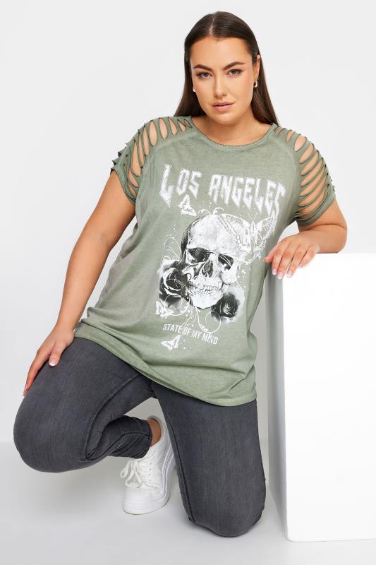 Plus Size  YOURS Curve Green Skull Print T-Shirt