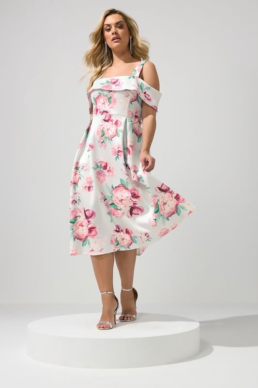  YOURS LONDON Curve Sage Green Cold Shoulder Floral Skater Dress